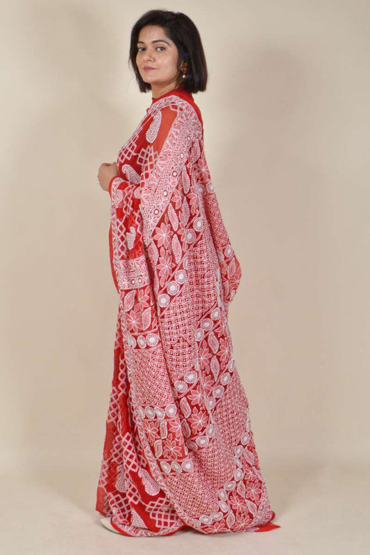 Fabnuma Handcrafted Red Georgette Chikankaree Saree-Blouse - Fabnuma