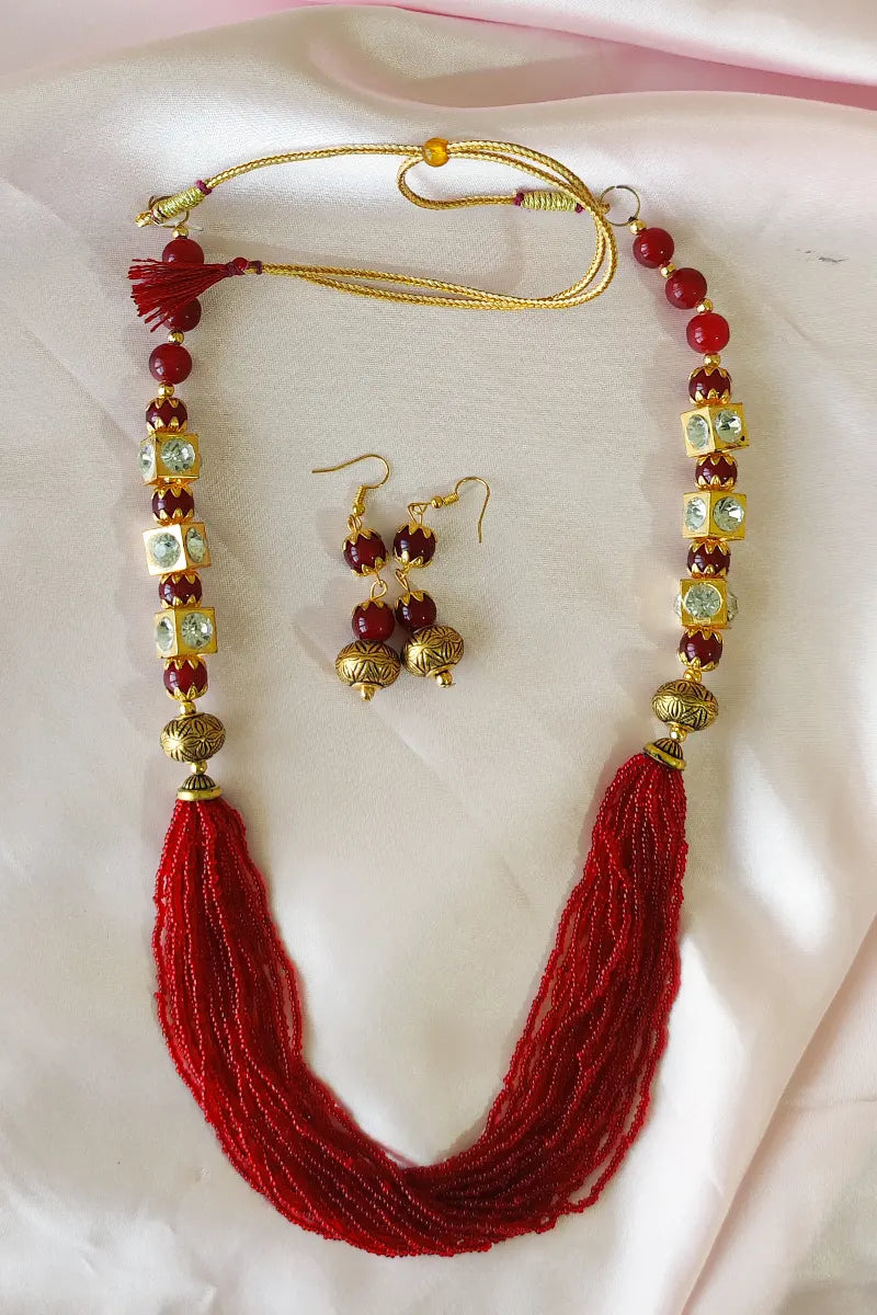 Fabnuma Handcrafted Red & Golden Beads Layer Neckpiece & Dangle Earrings - Fabnuma