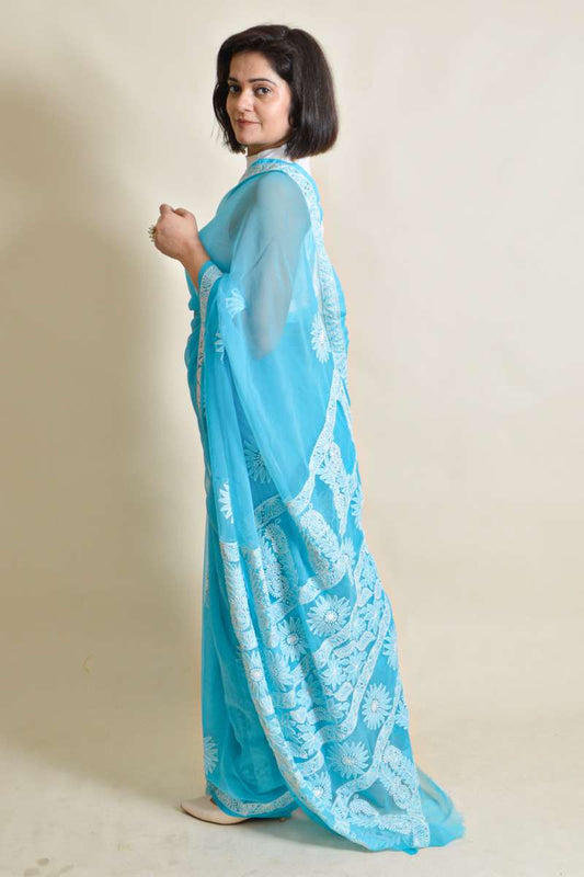 Fabnuma Handcrafted Aqua Blue Georgette Chikankari Saree-Blouse - Fabnuma