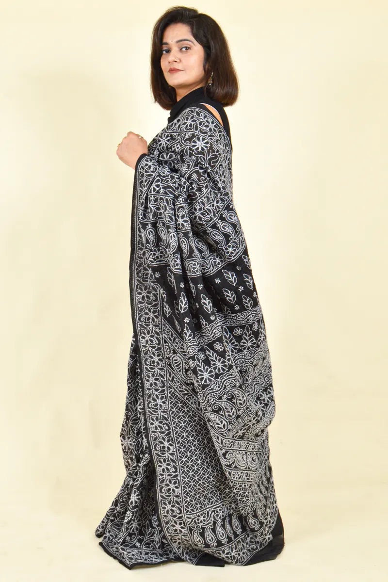 Fabnuma Handcrafted Black Cotton Chikankari Saree-Blouse - Fabnuma