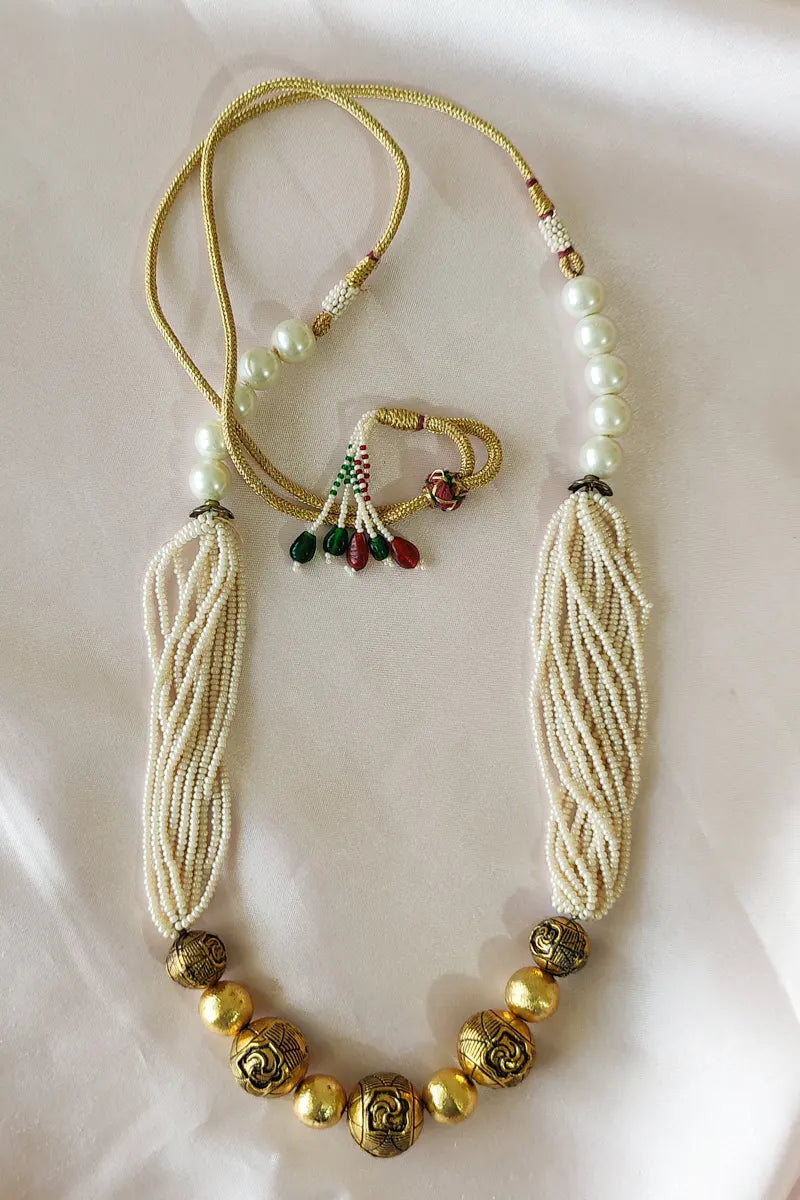 Fabnuma Handcrafted Golden White Beads Necklace & Dangle Earrings - Fabnuma