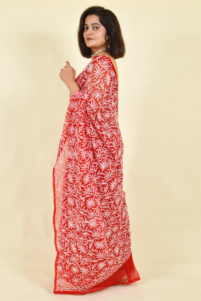 Fabnuma Handcrafted Red Georgette Chikankari Saree-Blouse - Fabnuma