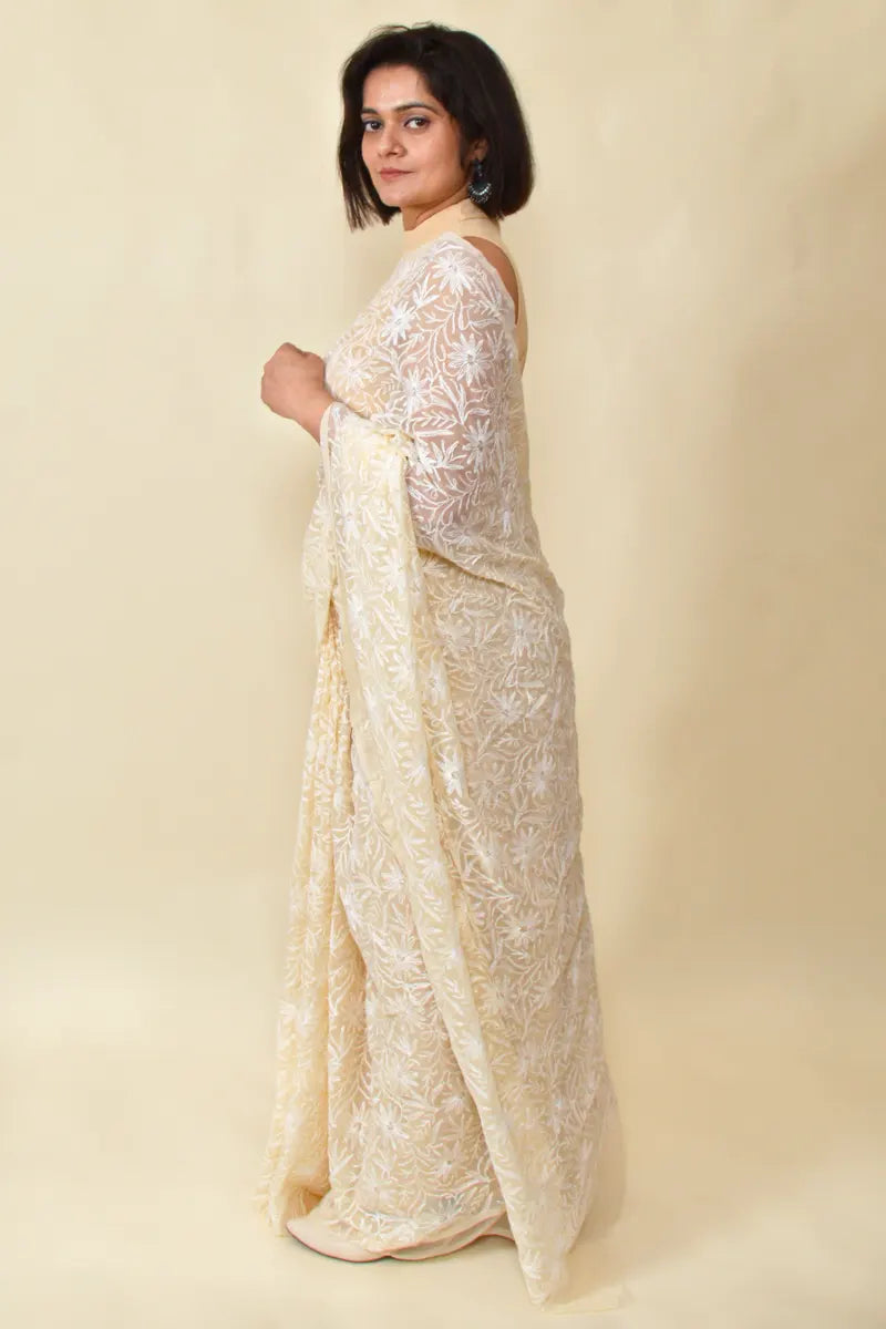 Fabnuma Handcrafted Beige Georgette Tepchi Chikankari Saree-Blouse - Fabnuma