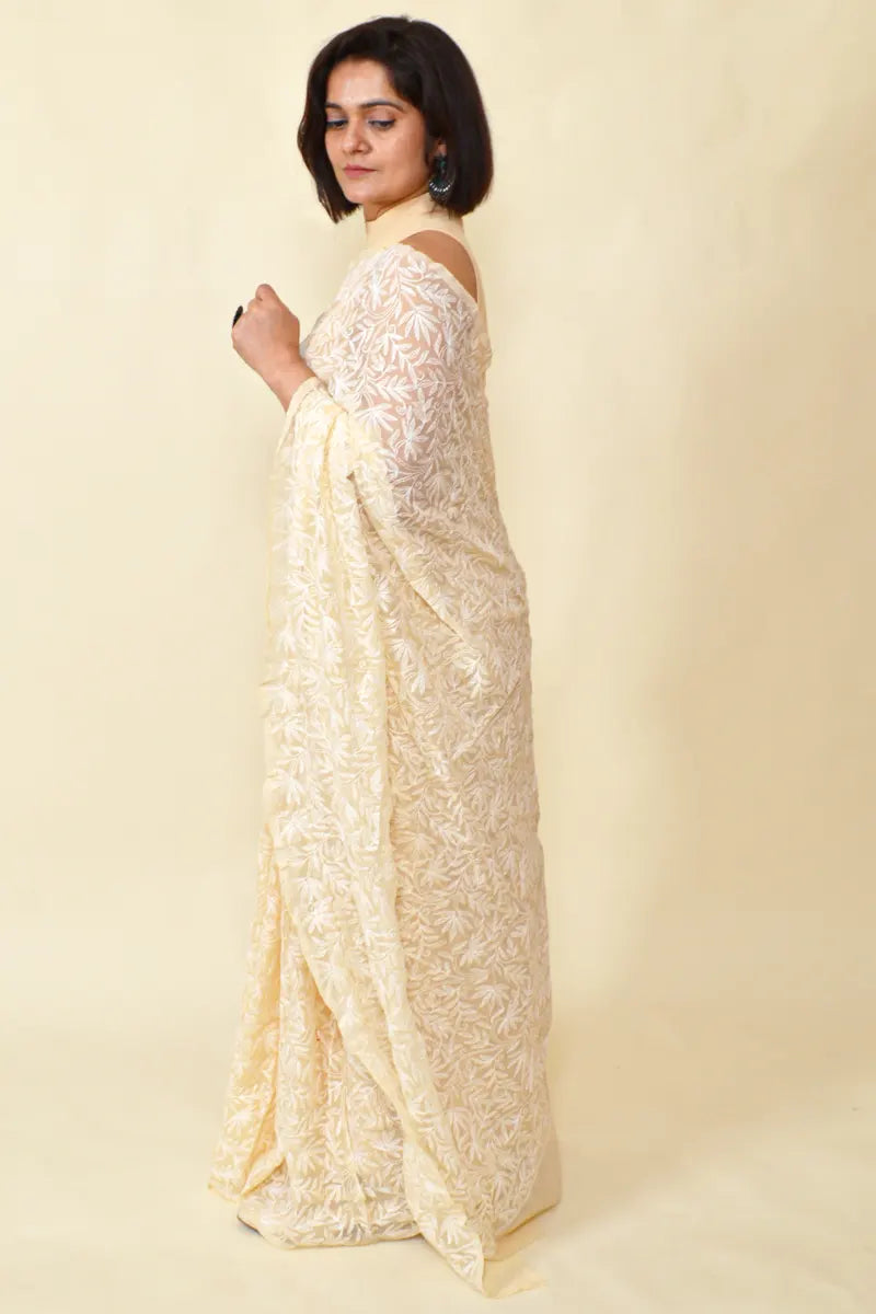 Fabnuma Handcrafted Fawn Georgette Tepchi Chikankari Saree-Blouse - Fabnuma