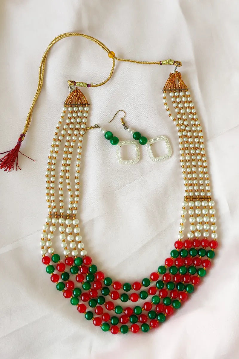 Fabnuma Handcrafted White-Red Green Pearl Layer Neckpiece-Dangle Earrings - Fabnuma