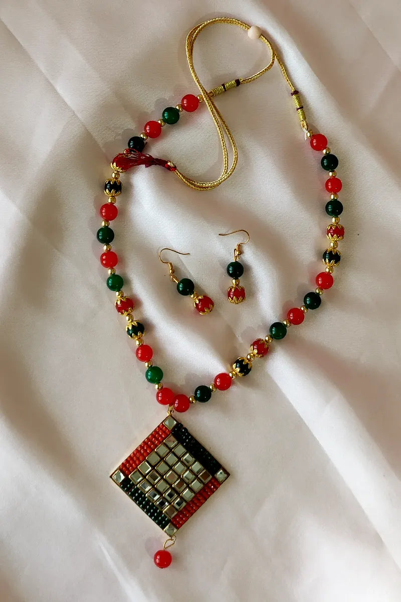 Fabnuma Handcrafted Red & Green Beaded Neckpiece Stone Plated Pendant & Dangle Earrings - Fabnuma