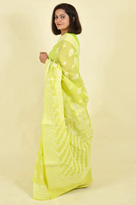 Fabnuma Handcrafted Lemon Green Cotton Chikankari Saree-Blouse - Fabnuma