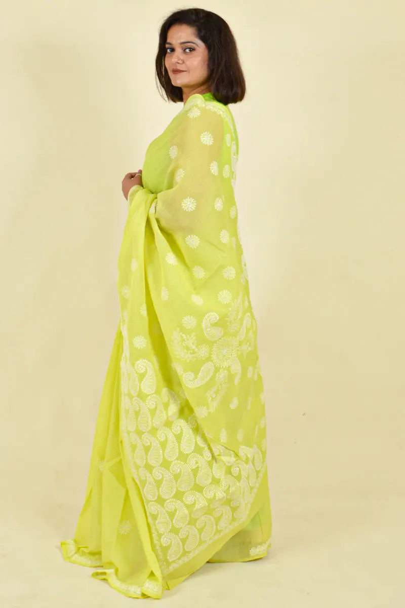 Fabnuma Handcrafted Lemon Green Cotton Chikankari Saree-Blouse - Fabnuma