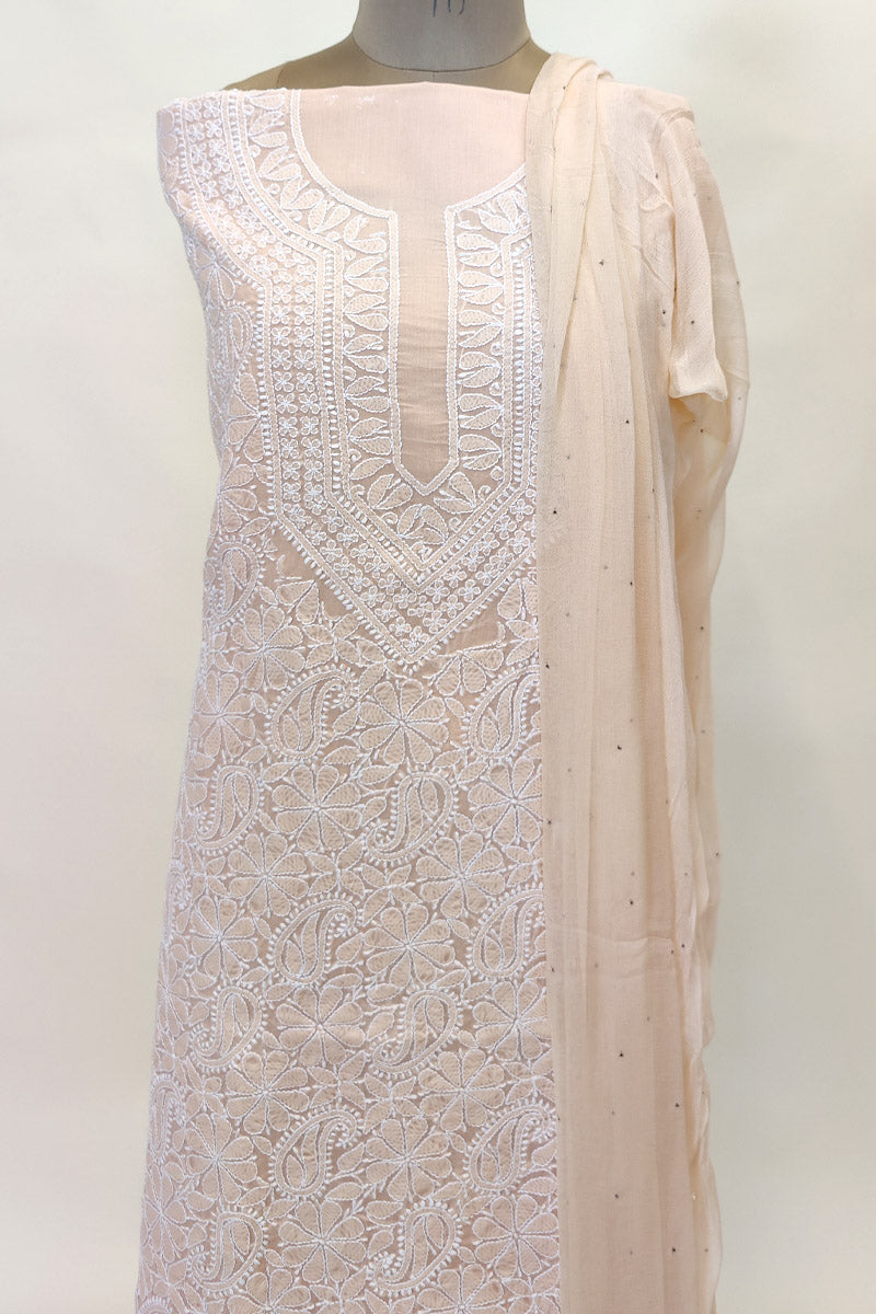 Fabnuma Handcrafted Peach Cotton Chikankari 3Pcs Unstiched Suit Set - Fabnuma