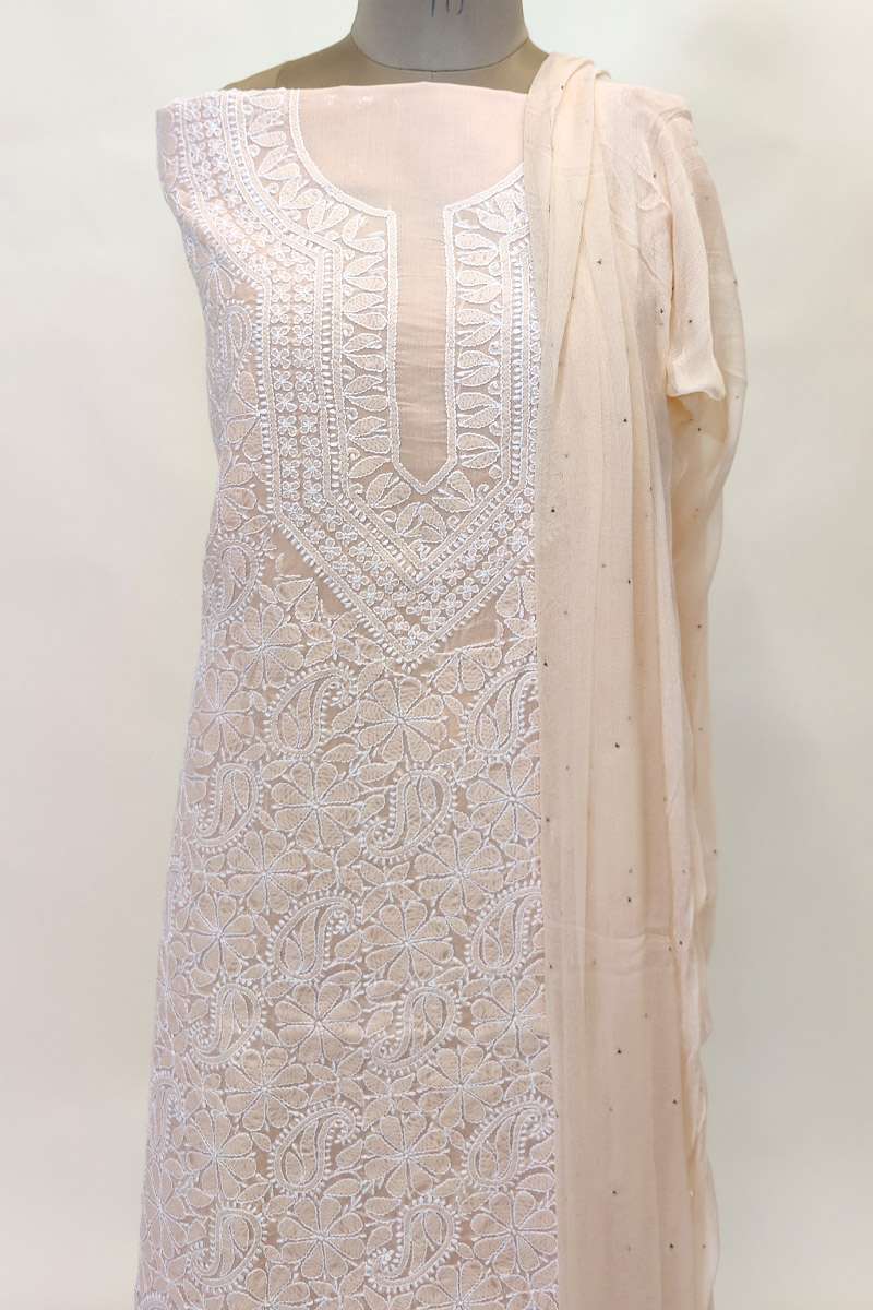 Fabnuma Handcrafted Peach Cotton Chikankari 3Pcs Unstiched Suit Set - Fabnuma