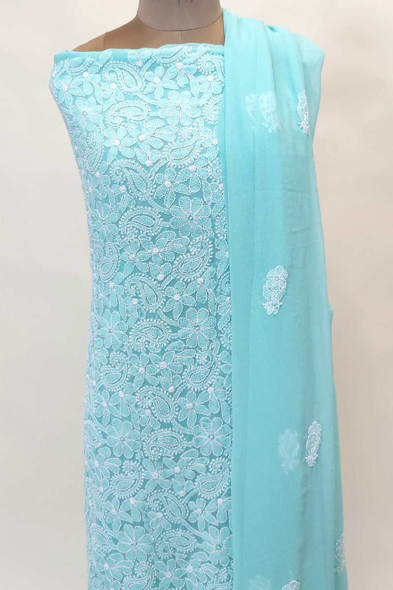 Fabnuma Handcrafted Sea Green Georgette Chikankari 3Pcs Unstiched Suit Set - Fabnuma