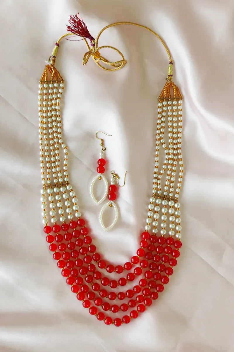Fabnuma Handcrafted Red & White Beaded Layer Neckpiece & Dangle Earrings - Fabnuma