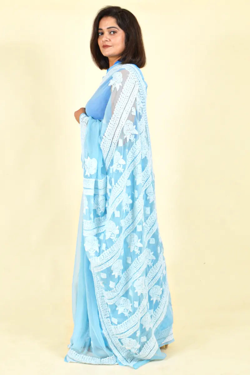Fabnuma Handcrafted Sky Blue Georgette Chikankari Saree-Blouse - Fabnuma