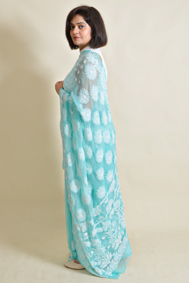 Fabnuma Handcrafted Aqua Green Georgette Chikankari Saree-Blouse - Fabnuma
