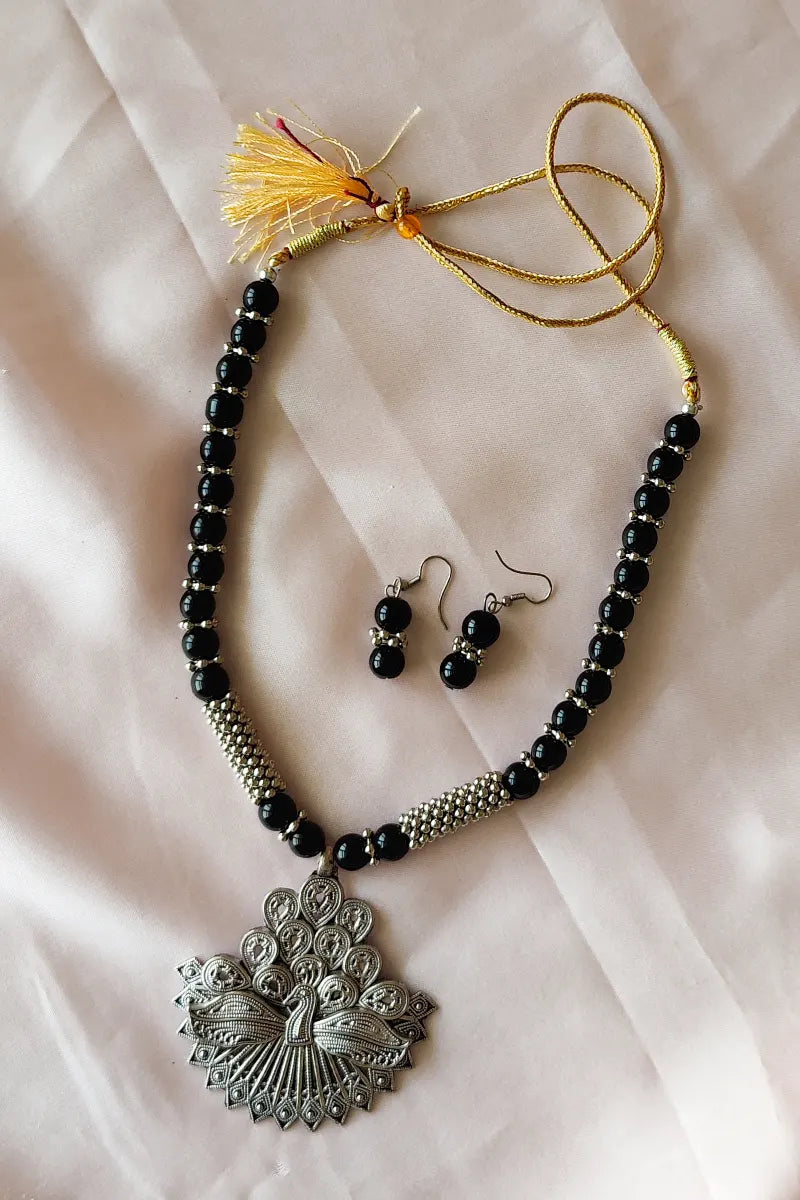 Fabnuma Handcrafted Black Beaded Neckpiece Oxidize Plated Pendant & Dangle Earrings - Fabnuma