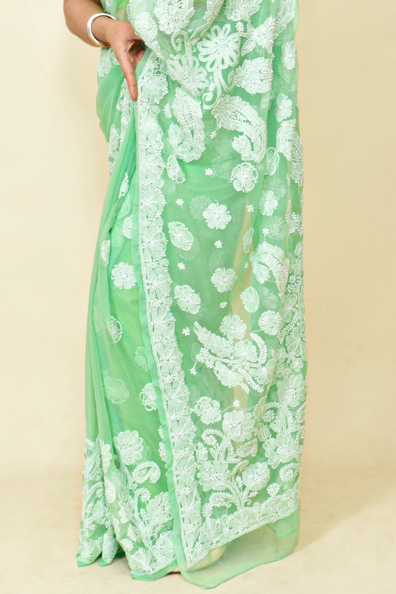 Fabnuma Handcrafted Light Green Georgette Chikankari Saree-Blouse - Fabnuma