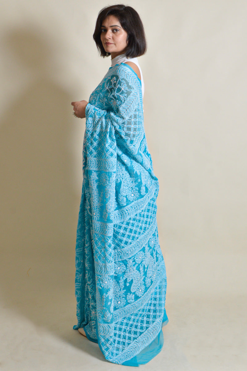 Fabnuma Handcrafted Turquoise Blue Georgette Chikankari Saree-Blouse - Fabnuma