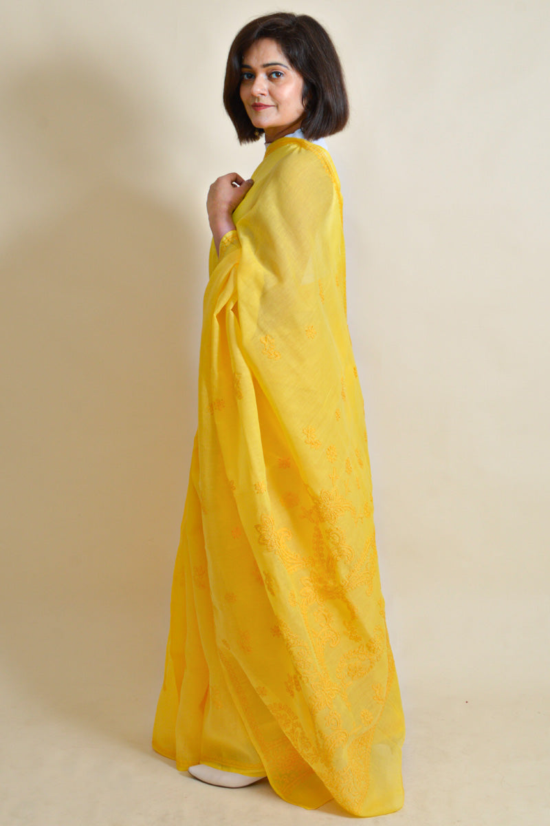 Fabnuma Handcrafted Yellow Cotton Chikankari Saree-Blouse - Fabnuma