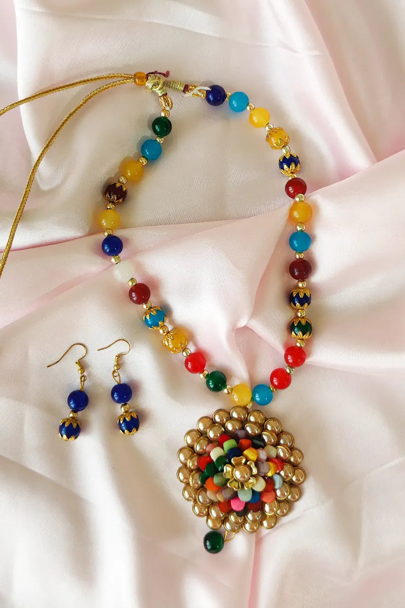 Fabnuma Handcrafted Multi Beaded Neckpiece Ston Plated Pendant-Dangle Earrings - Fabnuma