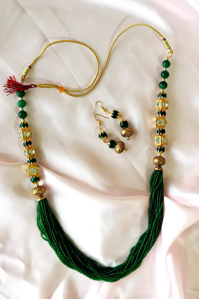 Fabnuma Handcrafted Green & Golden Beads Layer Neckpiece & Dangle Earrings - Fabnuma