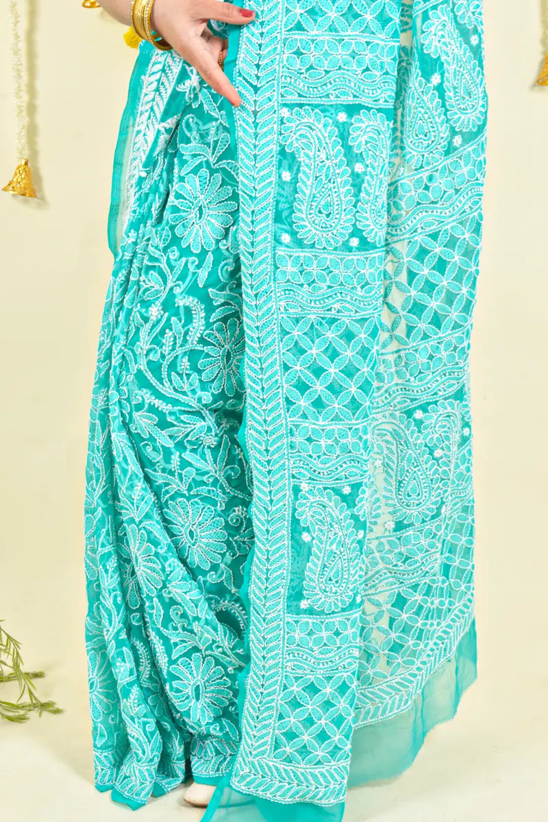 Fabnuma Handcrafted Aqua Blue Georgette Chikankari Saree-Blouse Fabnuma