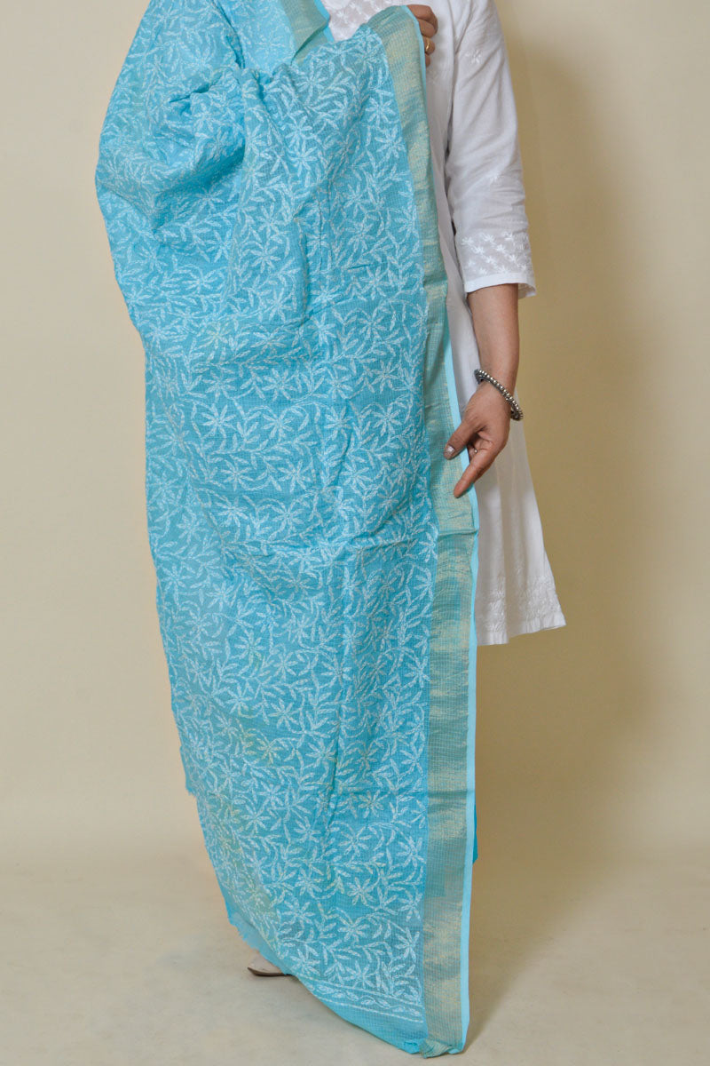 Fabnuma Handcrafted Sky Blue Kota Cotton Chikankari Dupatta - Fabnuma