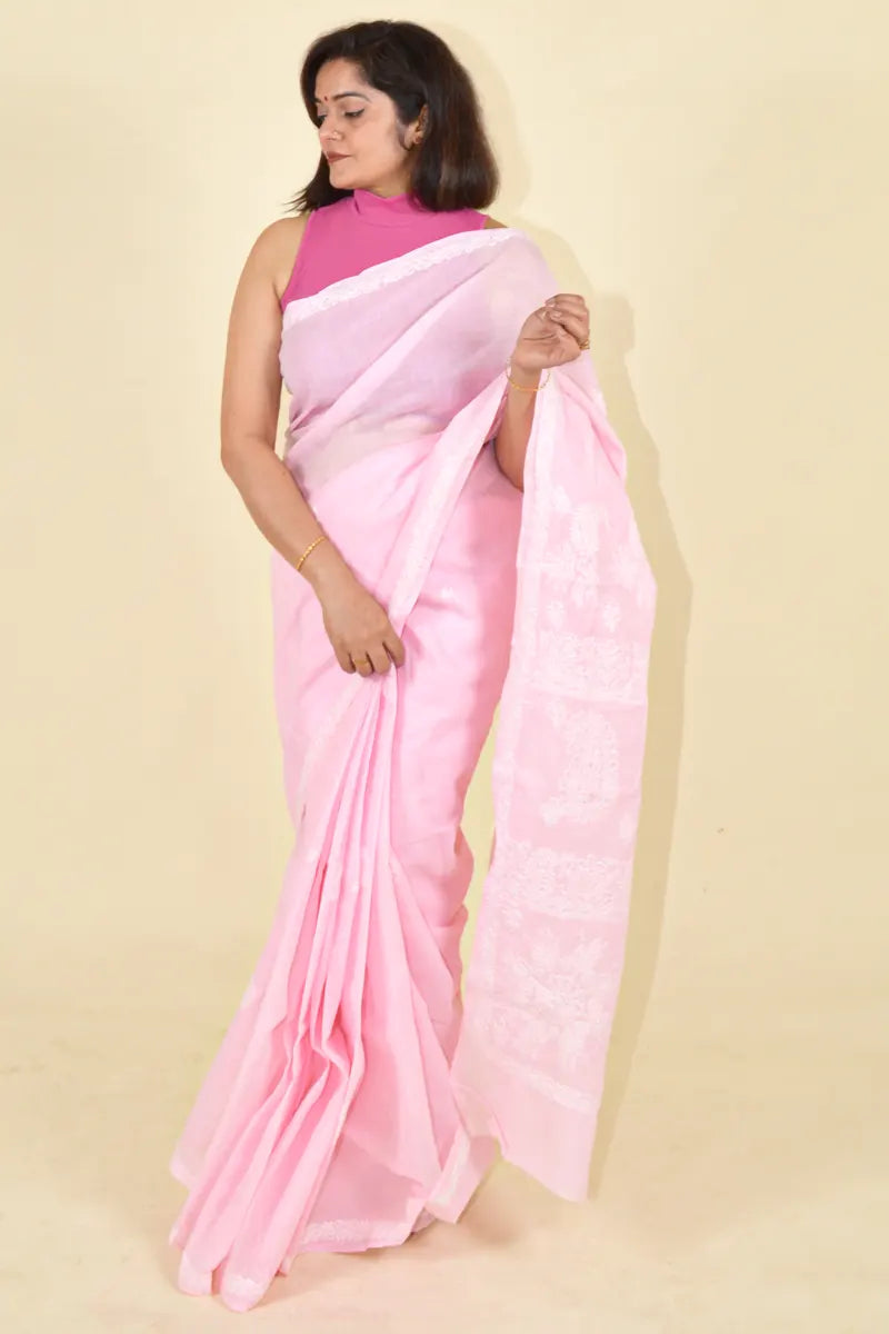 Fabnuma Handcrafted Pink Cotton Chikankari Saree-Blouse Fabnuma