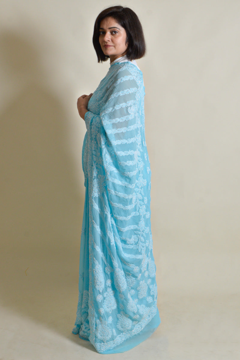 Fabnuma Handcrafted Sky Blue Georgette Chikankari Saree-Blouse - Fabnuma