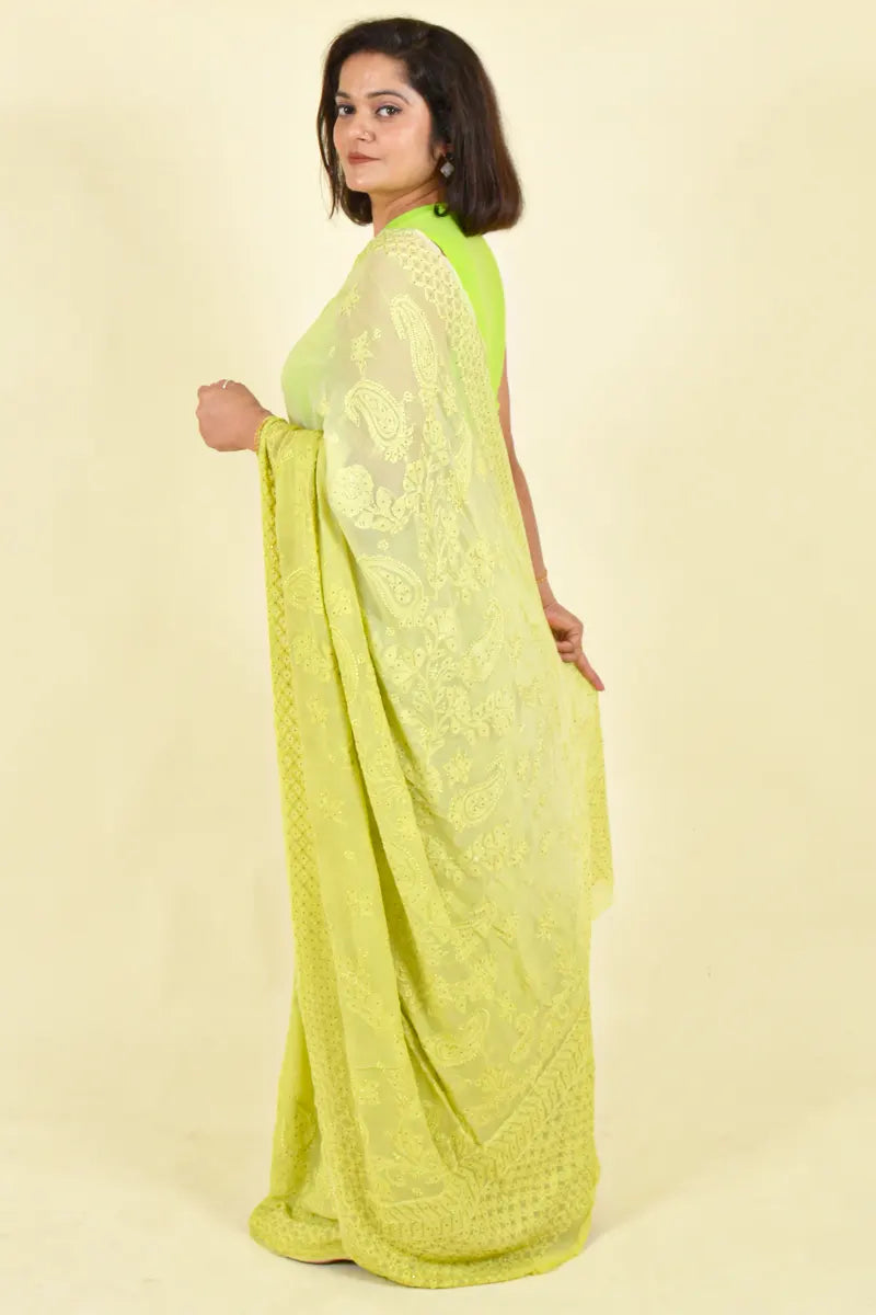 Fabnuma Handcrafted Green Viscose Chikankari Saree-Blouse - Fabnuma