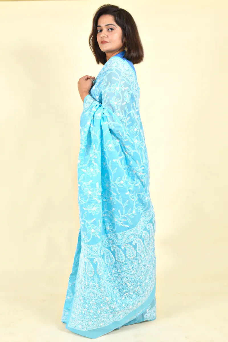 Fabnuma Handcrafted Sky Blue Cotton Chikankari Saree-Blouse - Fabnuma