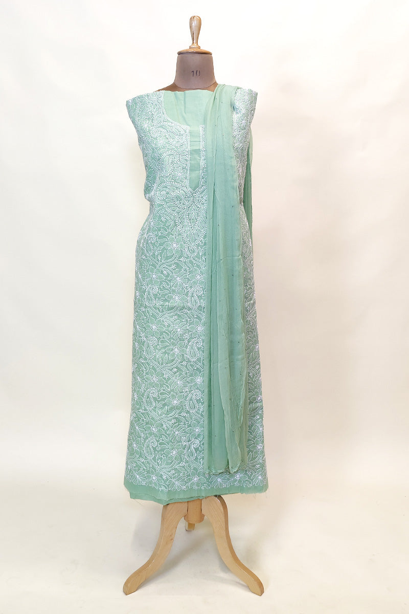 Fabnuma Handcrafted Pista Green Cotton Chikankari 3Pcs Unstiched Suit Set - Fabnuma