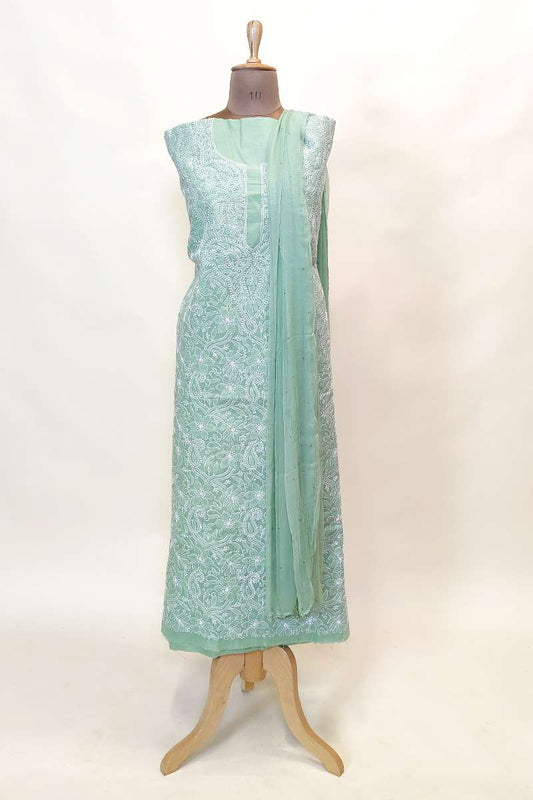 Fabnuma Handcrafted Pista Green Cotton Chikankari 3Pcs Unstiched Suit Set - Fabnuma
