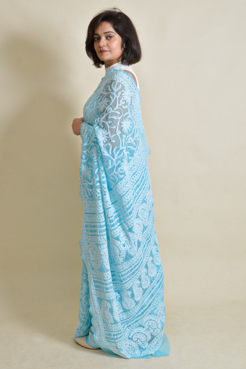 Fabnuma Handcrafted Sky Blue Georgette Chikankari Saree-Blouse - Fabnuma