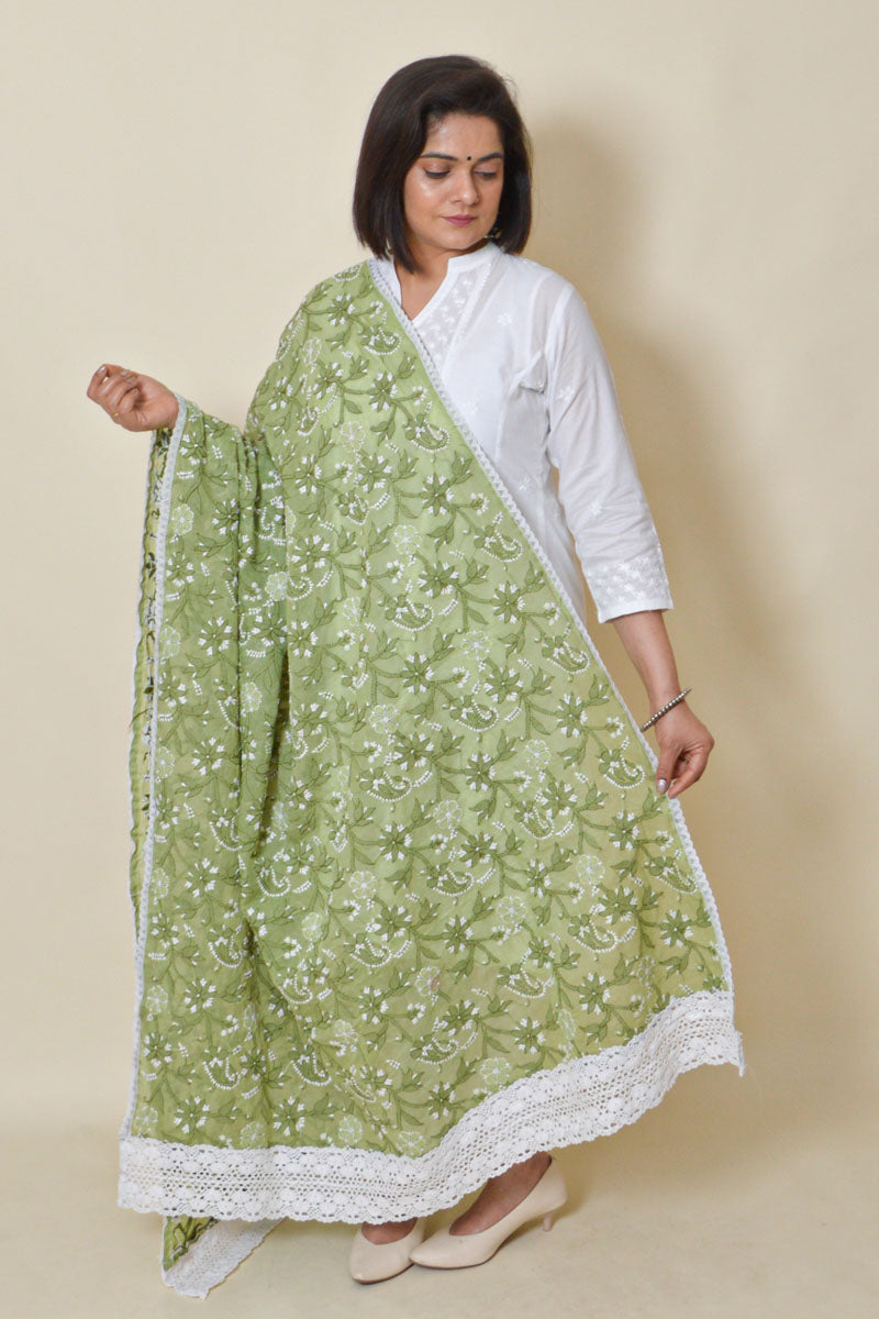 Fabnuma Handcrafted Green Cotton Allover Chikankari Dupatta - Fabnuma