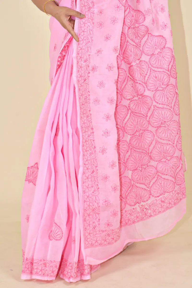 Fabnuma Handcrafted Pink Cotton Chikankari Saree-Blouse - Fabnuma