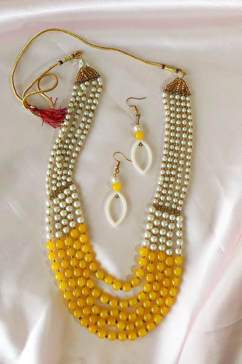 Fabnuma Handcrafted Yellow & White Layer Necklace & Dangle Earrings - Fabnuma