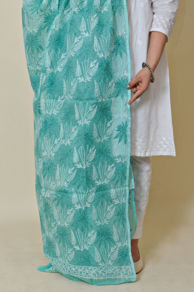 Fabnuma Handcrafted Sea Green Kota Cotton Chikankari Dupatta - Fabnuma