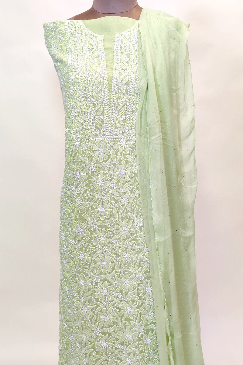 Fabnuma Handcrafted Green Cotton Chikankari 3Pcs Unstiched Suit Set - Fabnuma