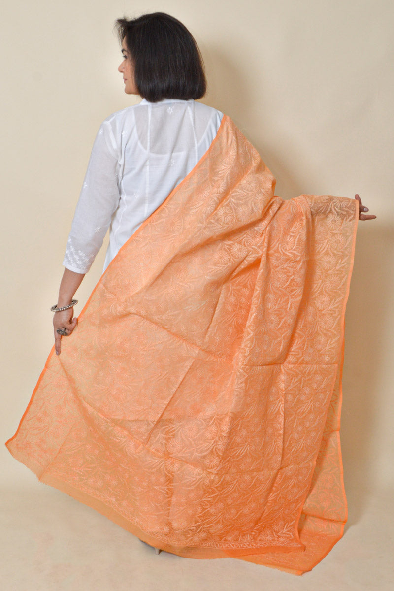 Fabnuma Handcrafted Orange Kota Cotton Allover Tepchi Chikankari Dupatta - Fabnuma