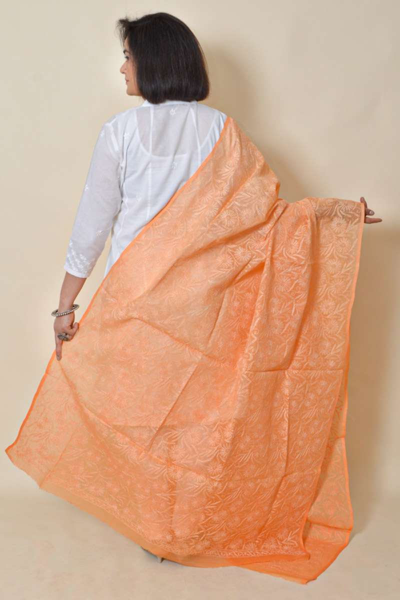 Fabnuma Handcrafted Orange Kota Cotton Allover Tepchi Chikankari Dupatta - Fabnuma
