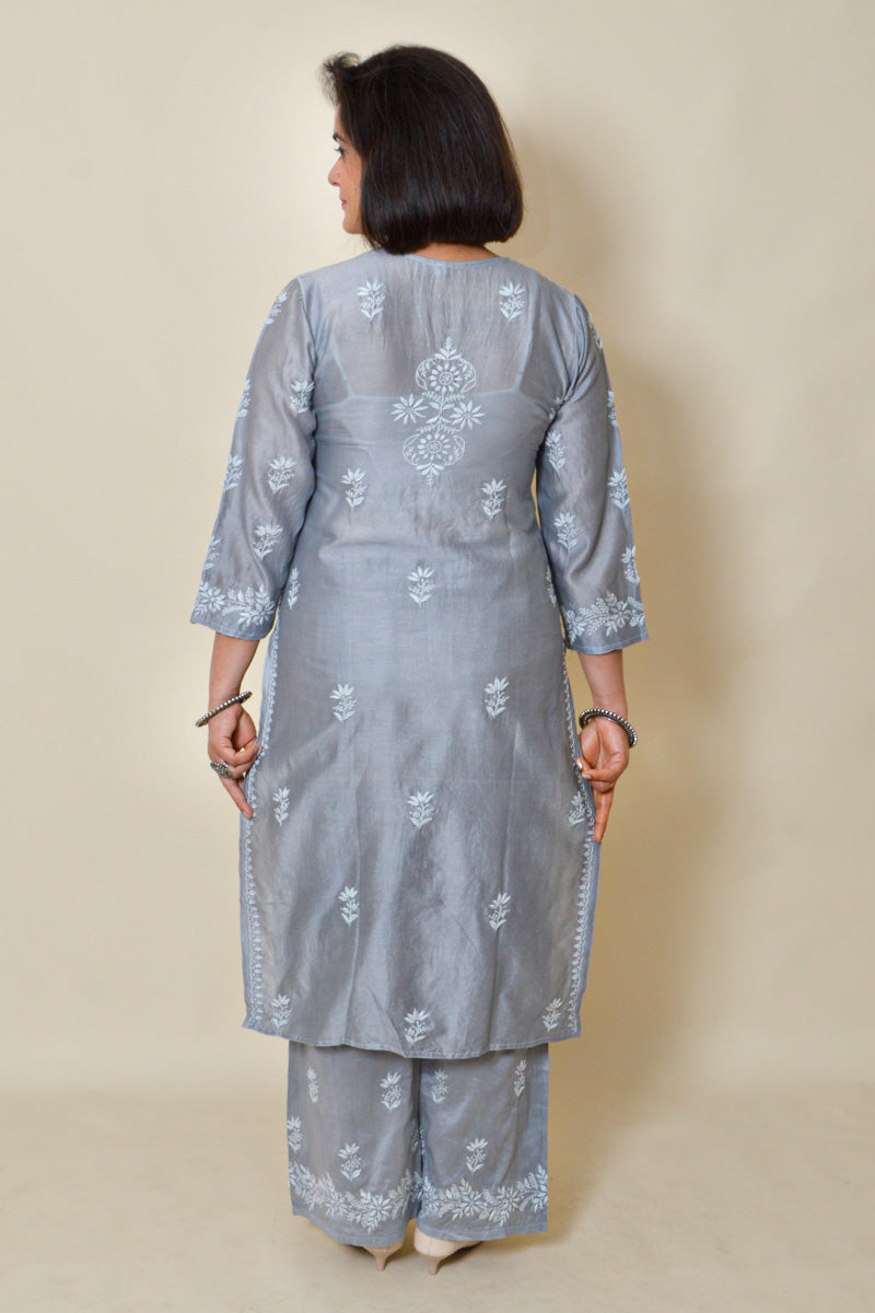 Fabnuma Handcrafted Gray Muslin Silk Chikankari Kurta Bottom Set - Fabnuma