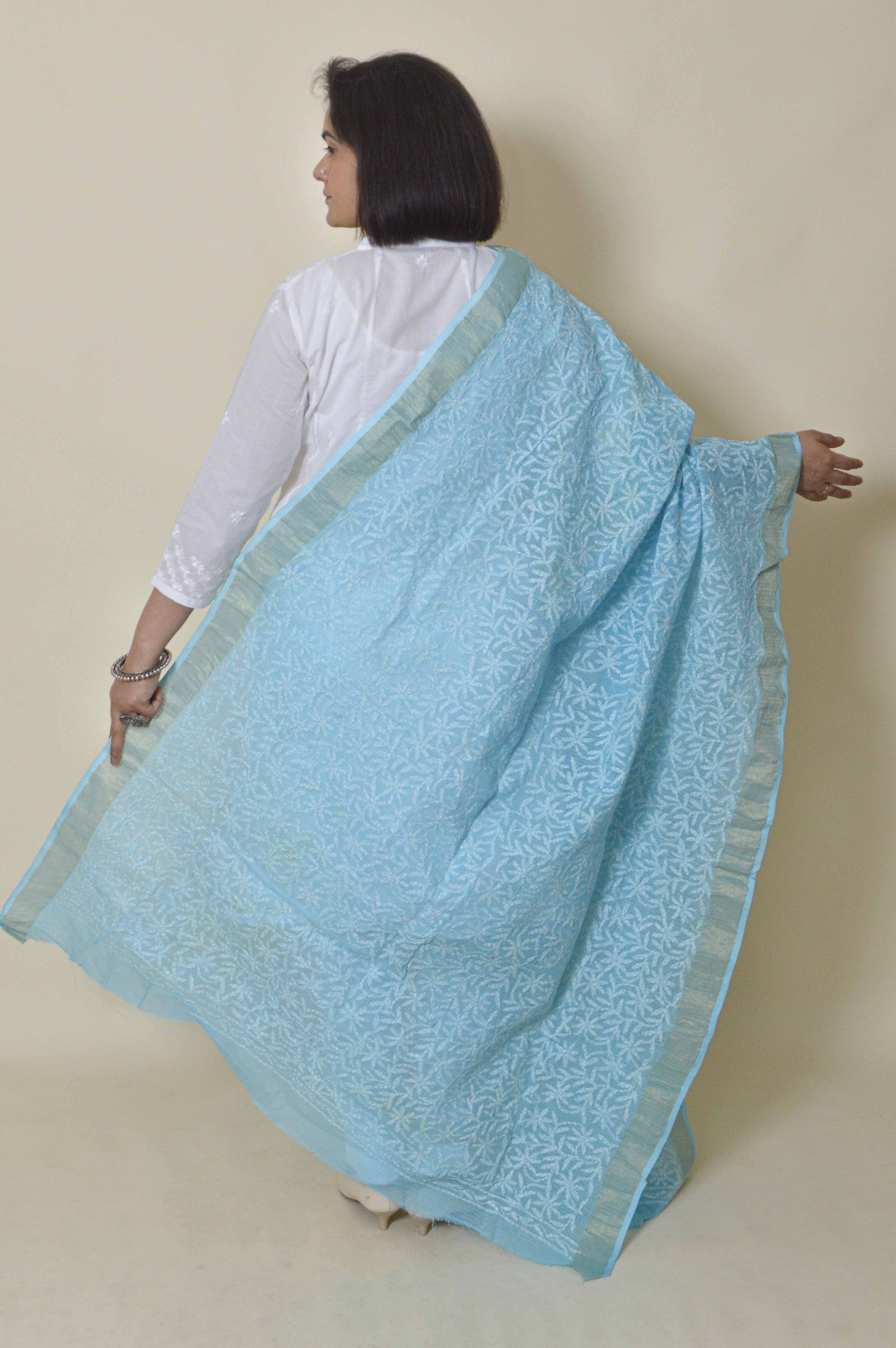 Fabnuma Handcrafted Sky Blue Kota Cotton Chikankari Dupatta - Fabnuma