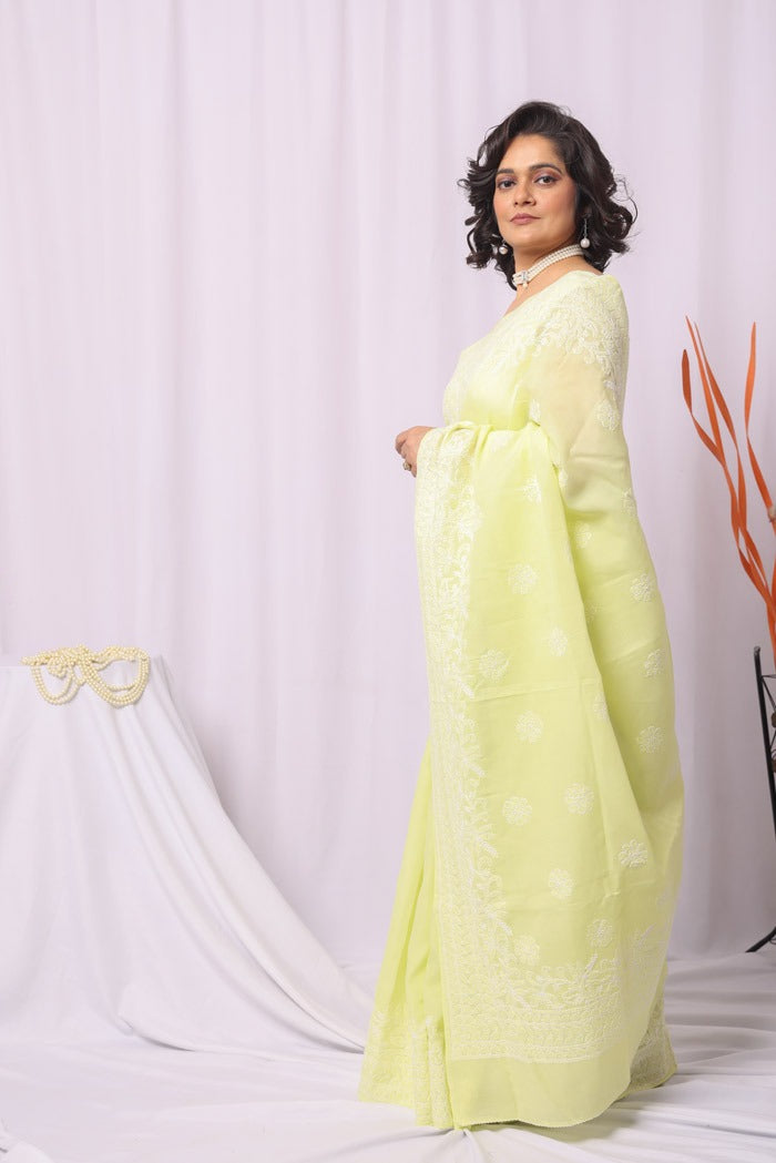 MeMaana Handcrafted Lemon Cotton Chikankari Saree-Blouse Fabnuma