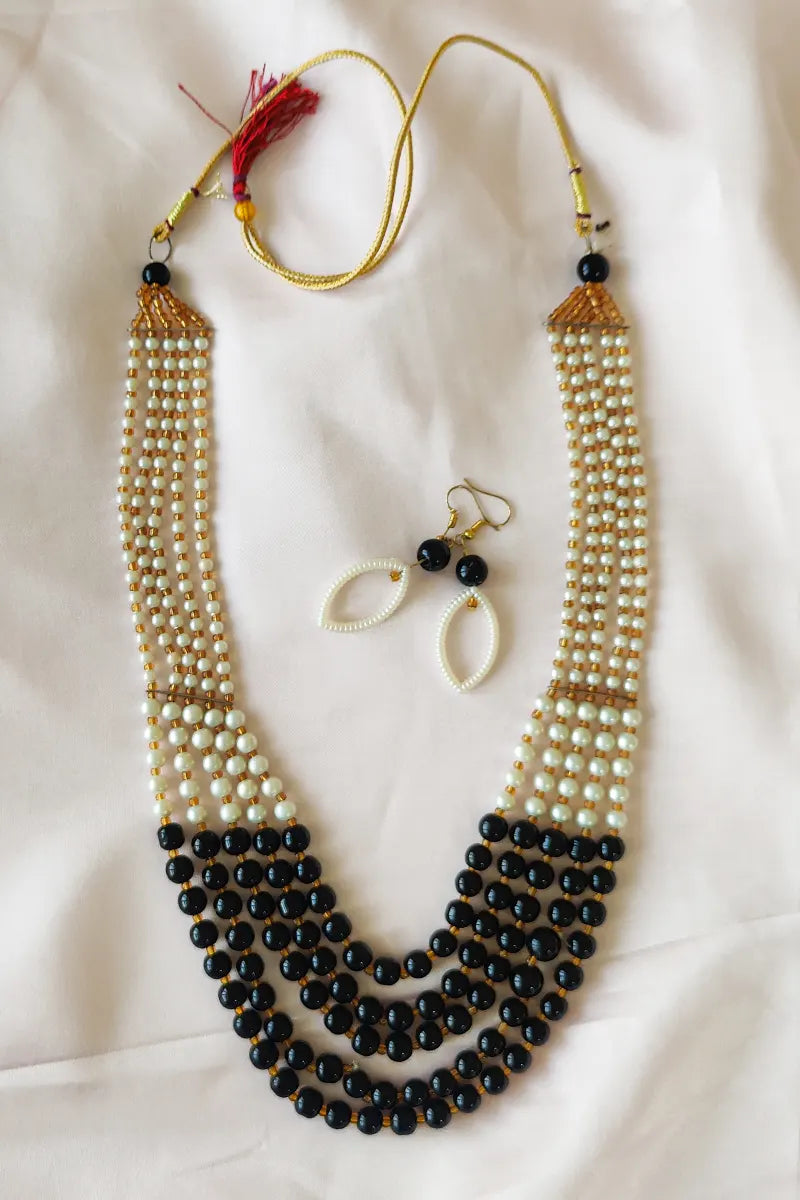 Fabnuma Handcrafted Black & White Beaded Layer Neckpiece & Dangle Earrings - Fabnuma