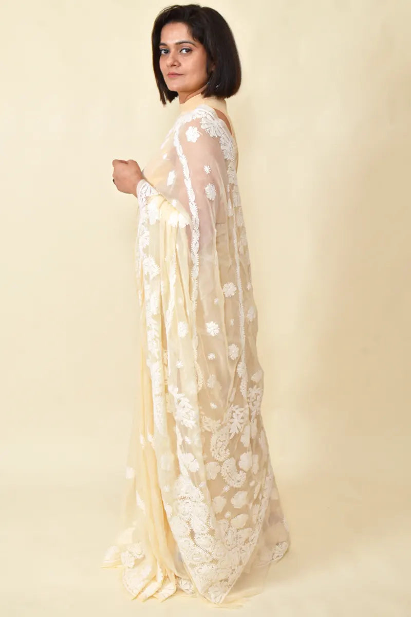 Fabnuma Handcrafted Fawn Georgette Chikankari Saree-Blouse - Fabnuma