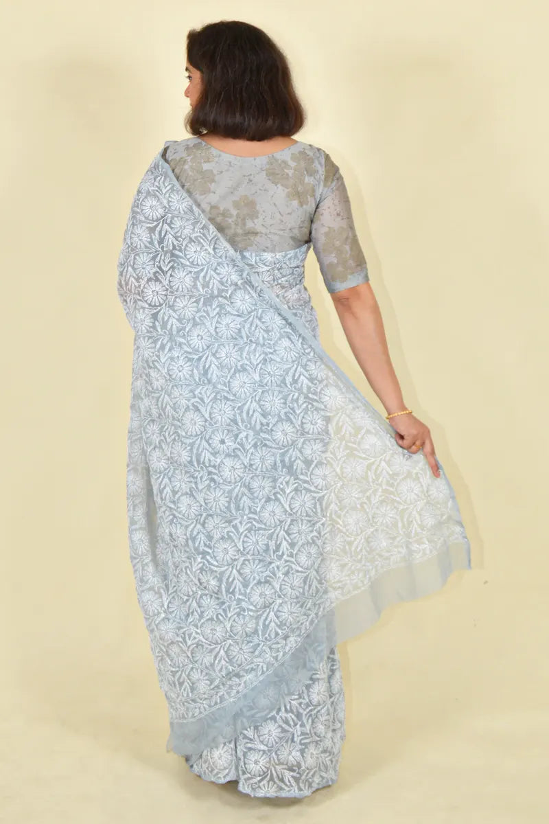 MeMaana Handcrafted Gray Tepchi Georgette Chikankari Saree-Blouse MeMaana