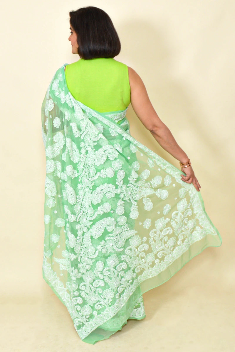 Fabnuma Handcrafted Light Green Georgette Chikankari Saree-Blouse - Fabnuma