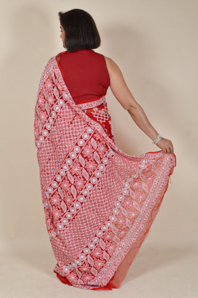 Fabnuma Handcrafted Red Georgette Chikankaree Saree-Blouse - Fabnuma