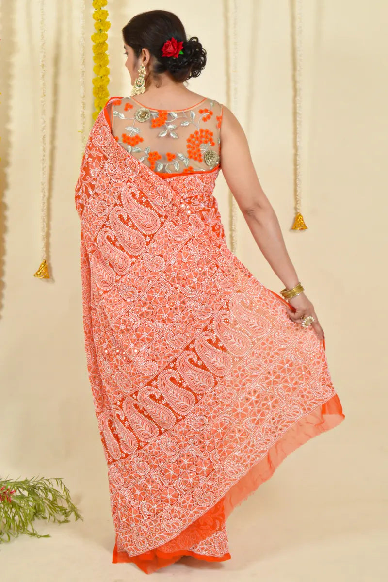MeMaana Handcrafted Orange Georgette Chikankari Saree With Mukaish Work-Blouse MeMaana