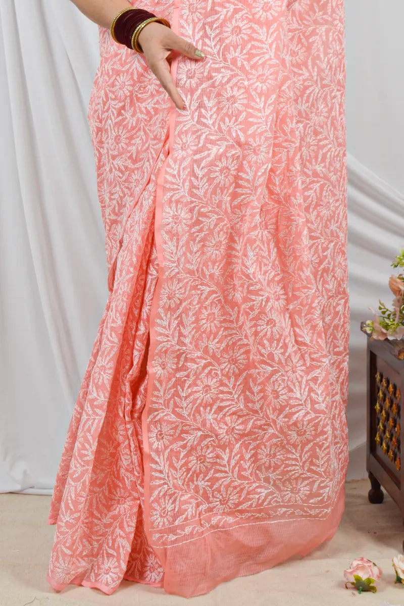 Handcrafted Peach Kota Cotton Allover Tepchi Work Saree with intricate Lucknowi Chikankari embroidery and a matching Blouse, ideal for Festive and occasions.